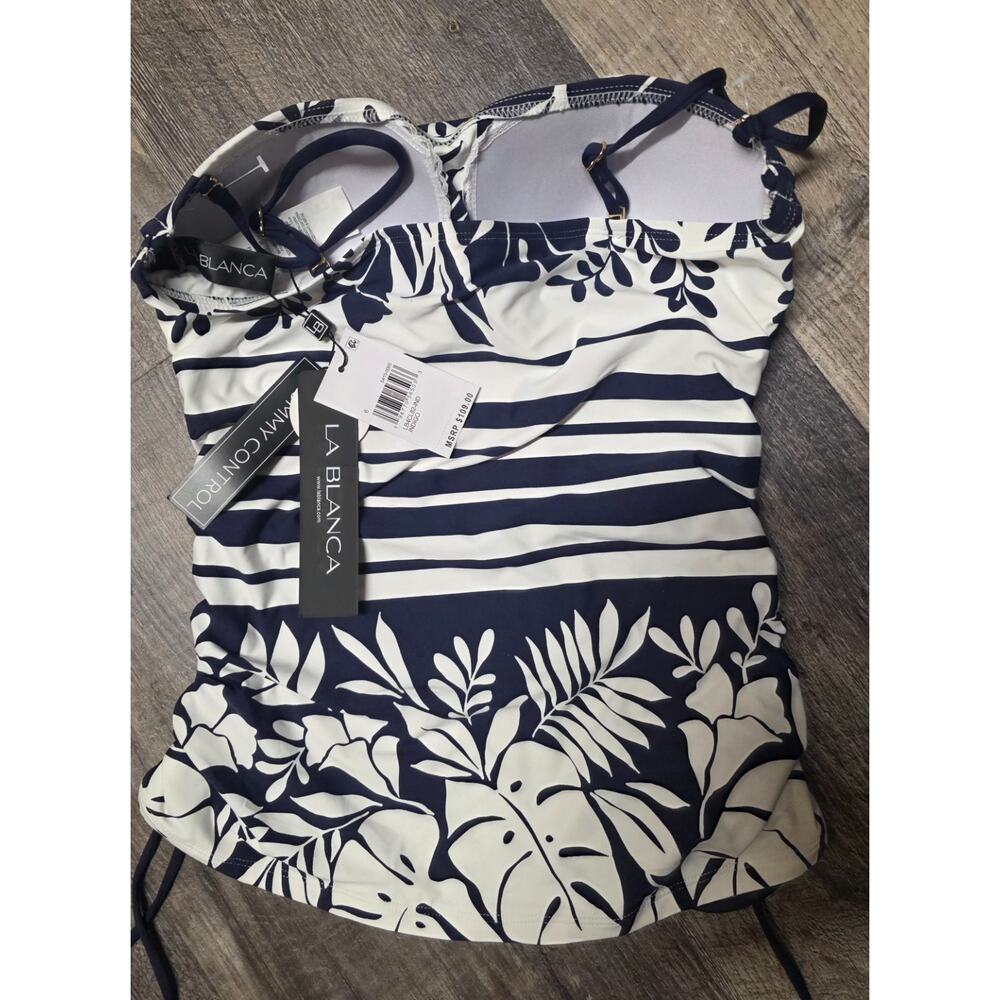 La Blanca US 6 Tummy Control Tankini Top Swimsuit Navy White Striped Floral NWT - Picture 5 of 8